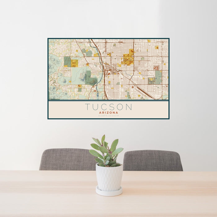 24x36 Tucson Arizona Map Print Landscape Orientation in Woodblock Style Behind 2 Chairs Table and Potted Plant