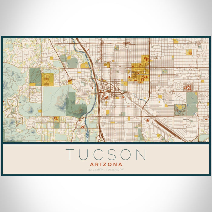 Tucson Arizona Map Print Landscape Orientation in Woodblock Style With Shaded Background