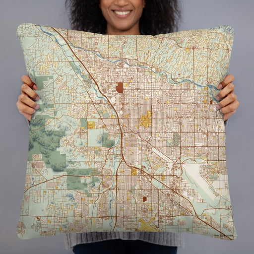 Person holding 22x22 Custom Tucson Arizona Map Throw Pillow in Woodblock