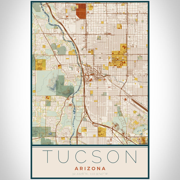 Tucson Arizona Map Print Portrait Orientation in Woodblock Style With Shaded Background