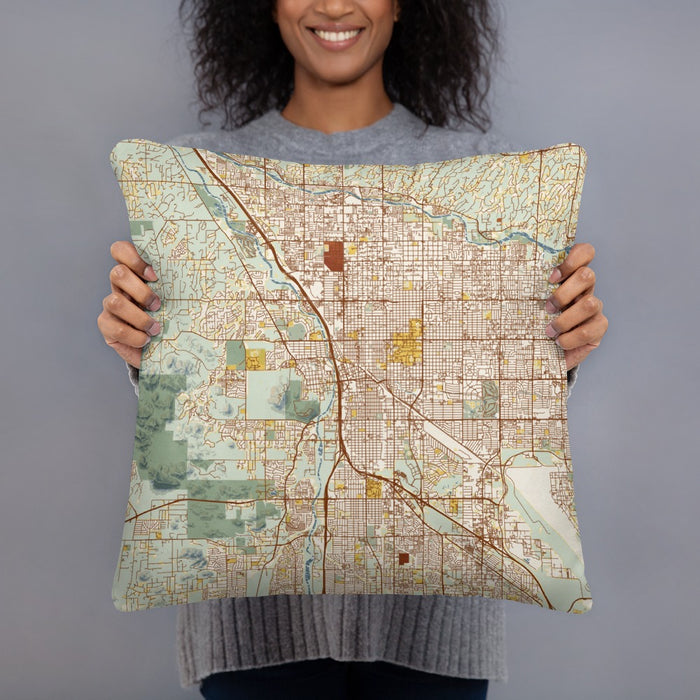 Person holding 18x18 Custom Tucson Arizona Map Throw Pillow in Woodblock