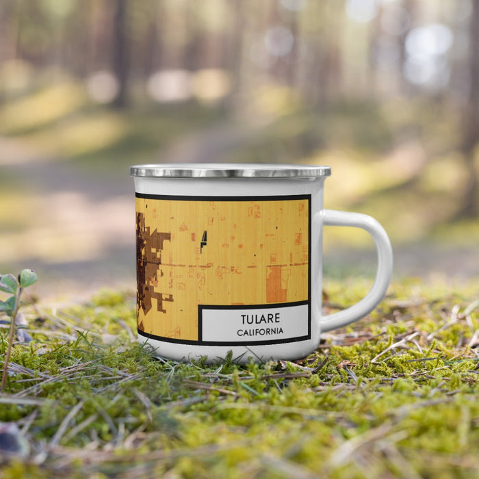 Right View Custom Tulare California Map Enamel Mug in Ember on Grass With Trees in Background