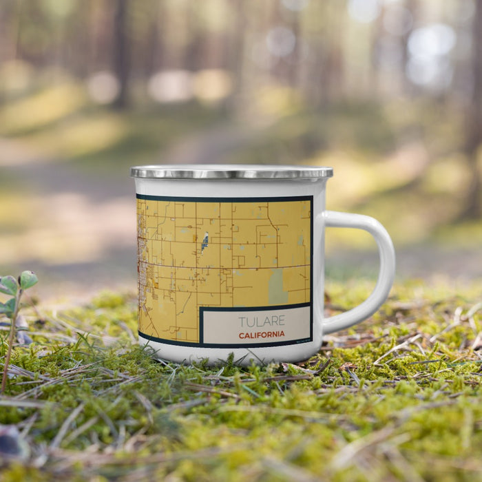 Right View Custom Tulare California Map Enamel Mug in Woodblock on Grass With Trees in Background