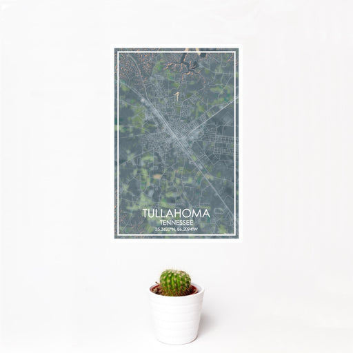12x18 Tullahoma Tennessee Map Print Portrait Orientation in Afternoon Style With Small Cactus Plant in White Planter