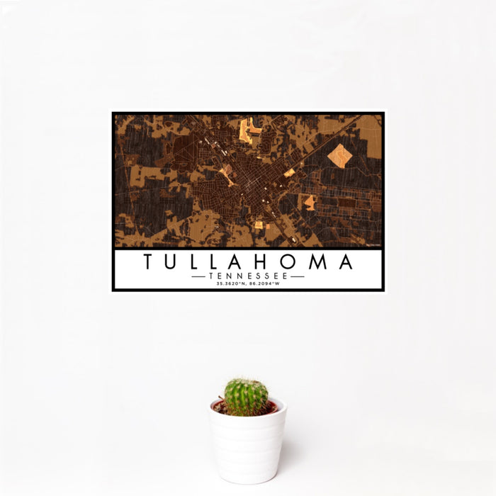 12x18 Tullahoma Tennessee Map Print Landscape Orientation in Ember Style With Small Cactus Plant in White Planter