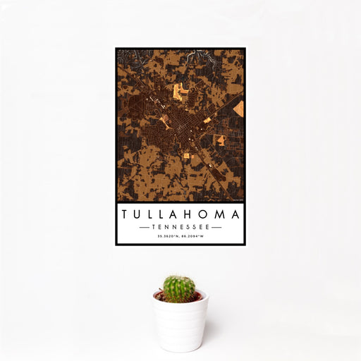 12x18 Tullahoma Tennessee Map Print Portrait Orientation in Ember Style With Small Cactus Plant in White Planter