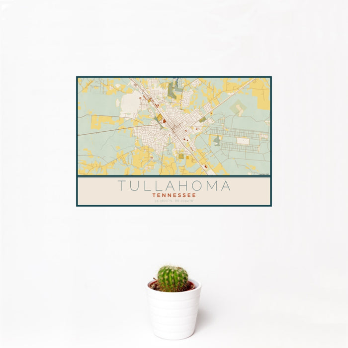12x18 Tullahoma Tennessee Map Print Landscape Orientation in Woodblock Style With Small Cactus Plant in White Planter