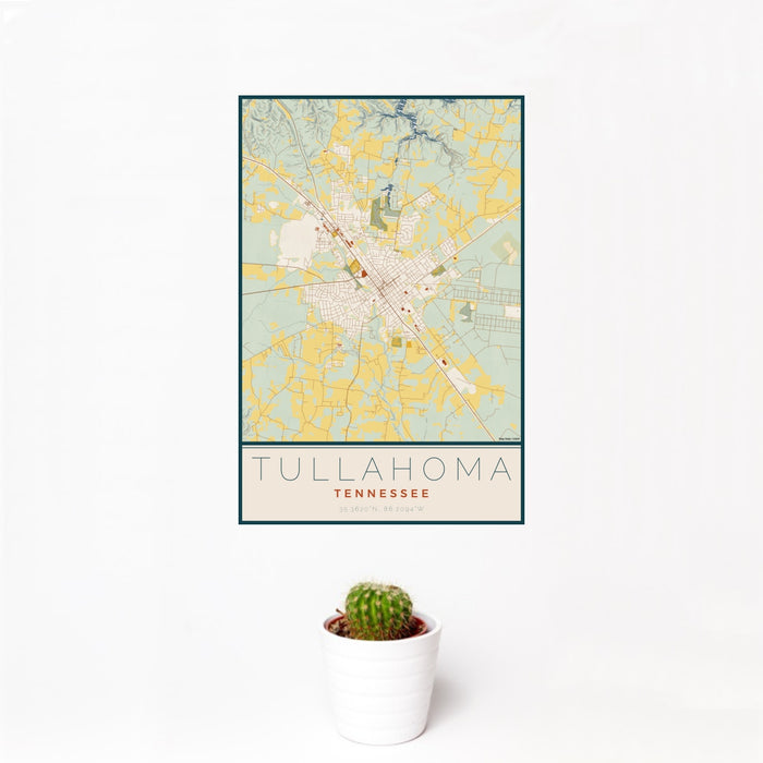 12x18 Tullahoma Tennessee Map Print Portrait Orientation in Woodblock Style With Small Cactus Plant in White Planter