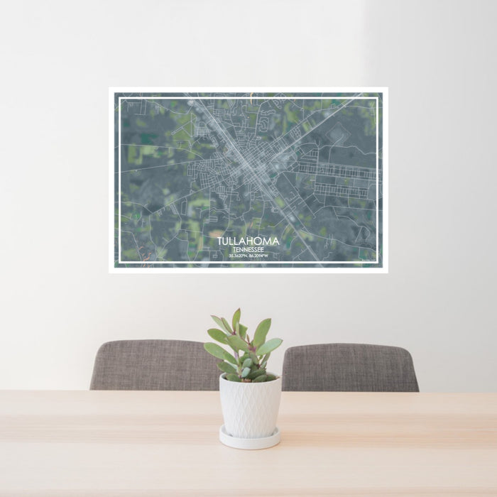 24x36 Tullahoma Tennessee Map Print Lanscape Orientation in Afternoon Style Behind 2 Chairs Table and Potted Plant