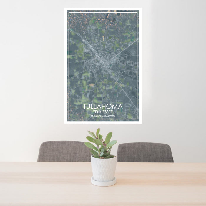 24x36 Tullahoma Tennessee Map Print Portrait Orientation in Afternoon Style Behind 2 Chairs Table and Potted Plant
