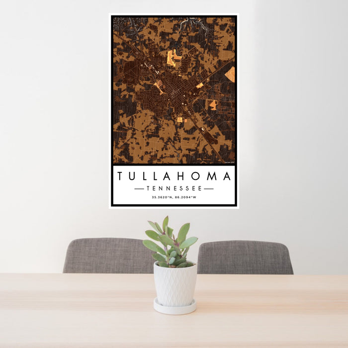 24x36 Tullahoma Tennessee Map Print Portrait Orientation in Ember Style Behind 2 Chairs Table and Potted Plant