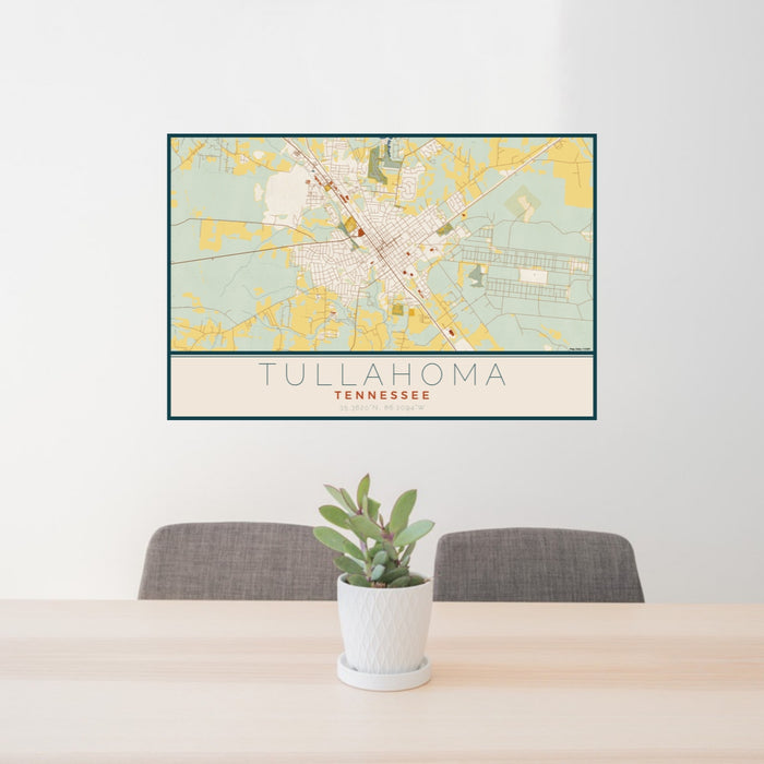 24x36 Tullahoma Tennessee Map Print Lanscape Orientation in Woodblock Style Behind 2 Chairs Table and Potted Plant