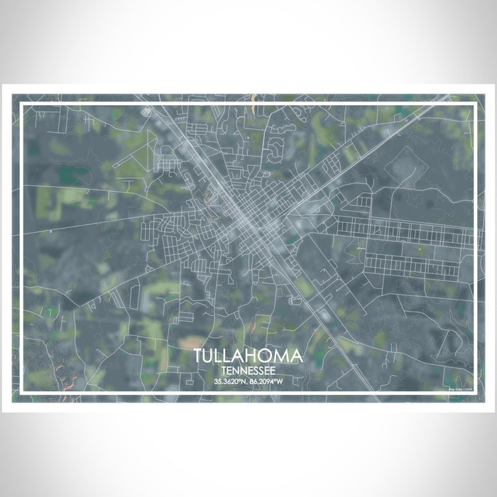 Tullahoma Tennessee Map Print Landscape Orientation in Afternoon Style With Shaded Background