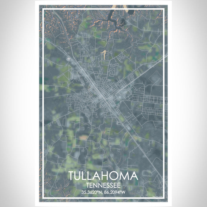 Tullahoma Tennessee Map Print Portrait Orientation in Afternoon Style With Shaded Background
