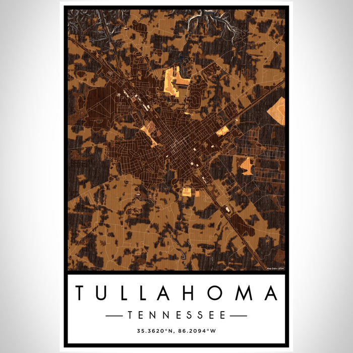 Tullahoma Tennessee Map Print Portrait Orientation in Ember Style With Shaded Background