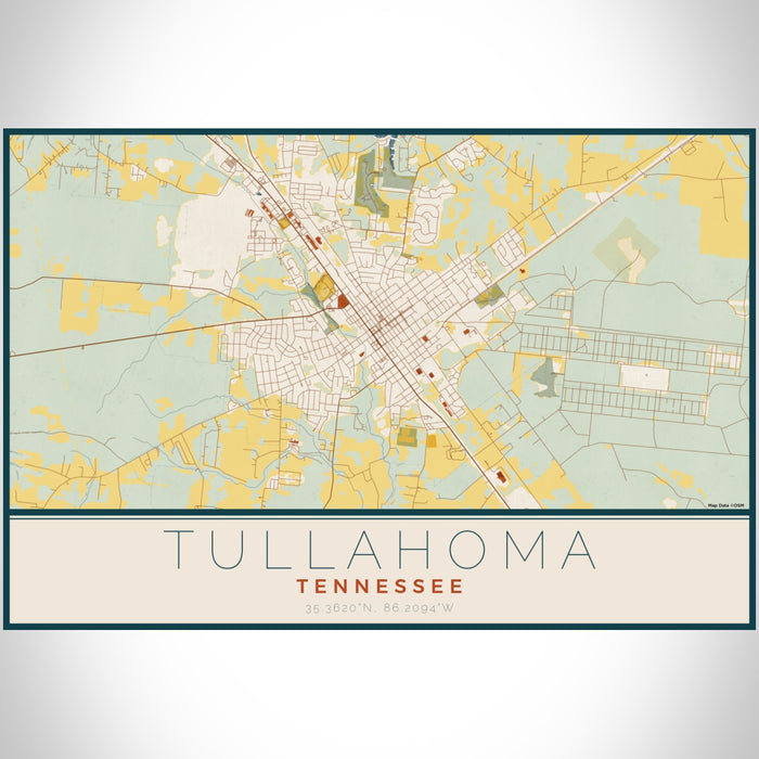 Tullahoma Tennessee Map Print Landscape Orientation in Woodblock Style With Shaded Background