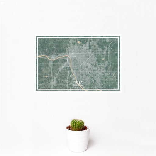 12x18 Tulsa Oklahoma Map Print Landscape Orientation in Afternoon Style With Small Cactus Plant in White Planter
