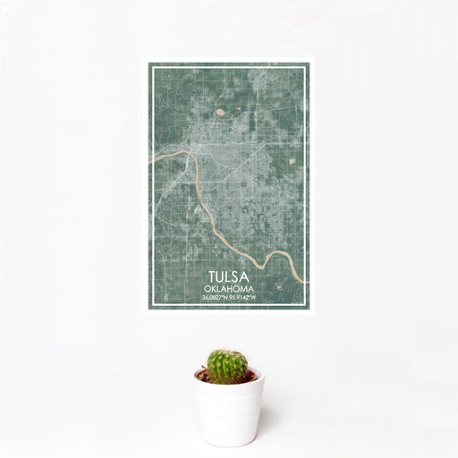 12x18 Tulsa Oklahoma Map Print Portrait Orientation in Afternoon Style With Small Cactus Plant in White Planter