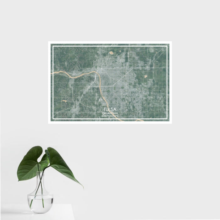 16x24 Tulsa Oklahoma Map Print Landscape Orientation in Afternoon Style With Tropical Plant Leaves in Water