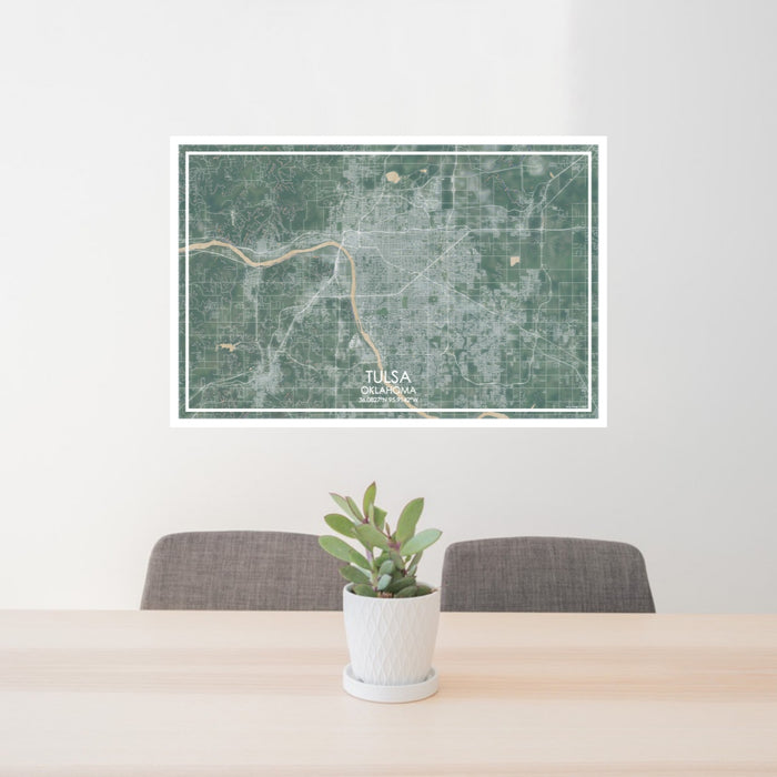 24x36 Tulsa Oklahoma Map Print Lanscape Orientation in Afternoon Style Behind 2 Chairs Table and Potted Plant