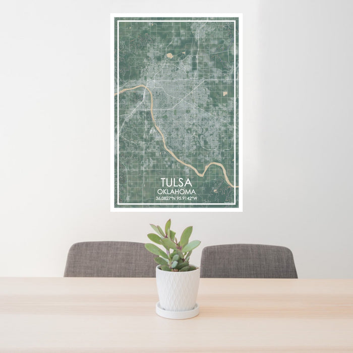 24x36 Tulsa Oklahoma Map Print Portrait Orientation in Afternoon Style Behind 2 Chairs Table and Potted Plant