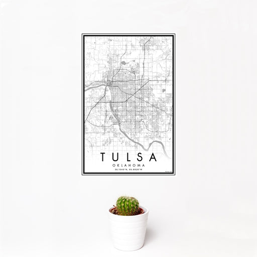 12x18 Tulsa Oklahoma Map Print Portrait Orientation in Classic Style With Small Cactus Plant in White Planter