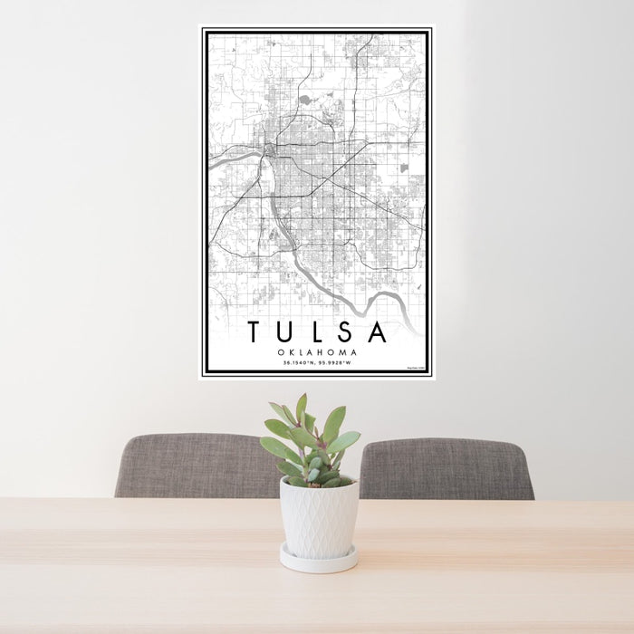 24x36 Tulsa Oklahoma Map Print Portrait Orientation in Classic Style Behind 2 Chairs Table and Potted Plant