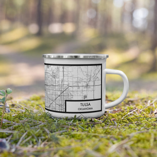 Right View Custom Tulsa Oklahoma Map Enamel Mug in Classic on Grass With Trees in Background