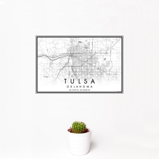 12x18 Tulsa Oklahoma Map Print Landscape Orientation in Classic Style With Small Cactus Plant in White Planter