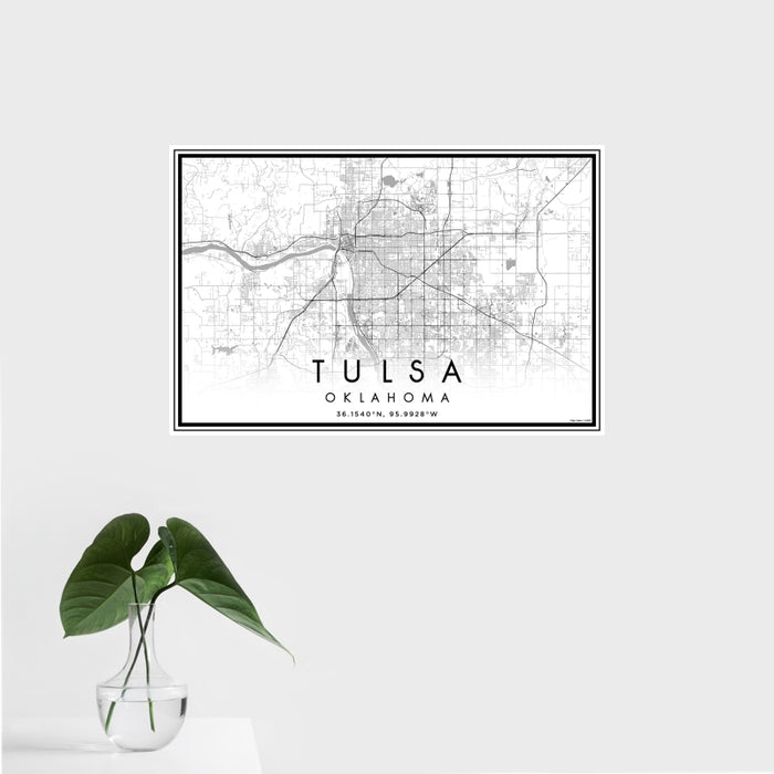 16x24 Tulsa Oklahoma Map Print Landscape Orientation in Classic Style With Tropical Plant Leaves in Water