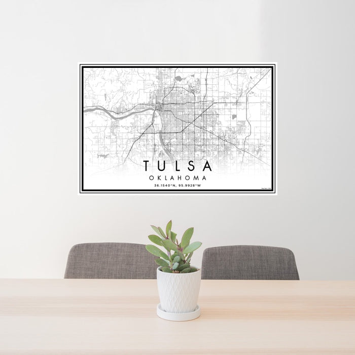 24x36 Tulsa Oklahoma Map Print Landscape Orientation in Classic Style Behind 2 Chairs Table and Potted Plant