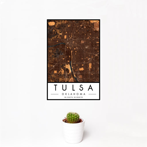 12x18 Tulsa Oklahoma Map Print Portrait Orientation in Ember Style With Small Cactus Plant in White Planter