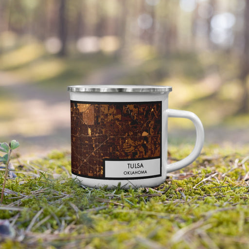 Right View Custom Tulsa Oklahoma Map Enamel Mug in Ember on Grass With Trees in Background