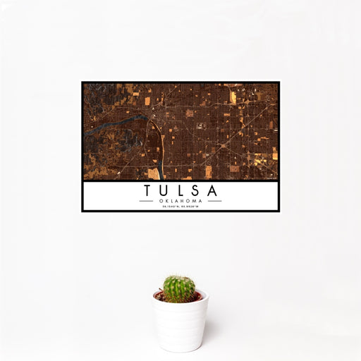 12x18 Tulsa Oklahoma Map Print Landscape Orientation in Ember Style With Small Cactus Plant in White Planter