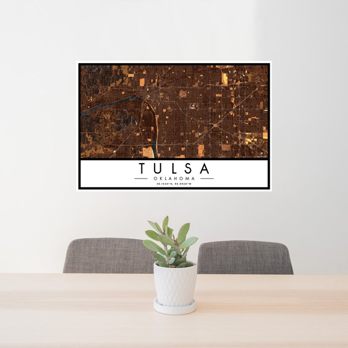 24x36 Tulsa Oklahoma Map Print Landscape Orientation in Ember Style Behind 2 Chairs Table and Potted Plant