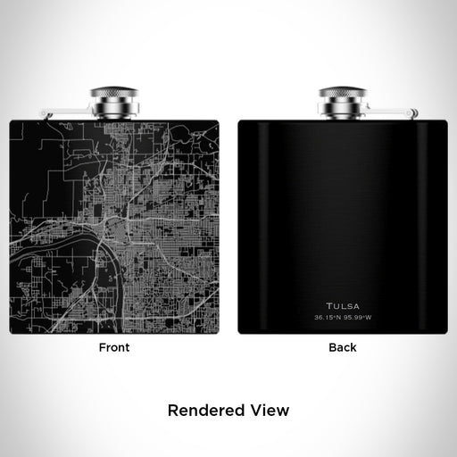 Rendered View of Tulsa Oklahoma Map Engraving on 6oz Stainless Steel Flask in Black