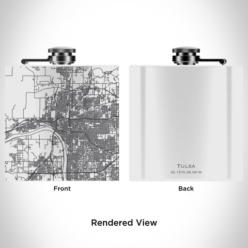 Rendered View of Tulsa Oklahoma Map Engraving on 6oz Stainless Steel Flask in White