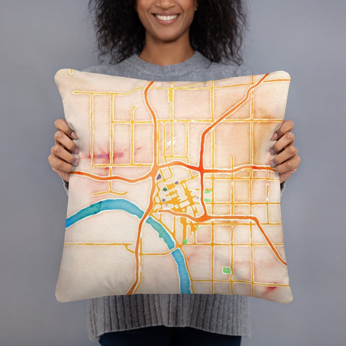 Person holding 18x18 Custom Tulsa Oklahoma Map Throw Pillow in Watercolor