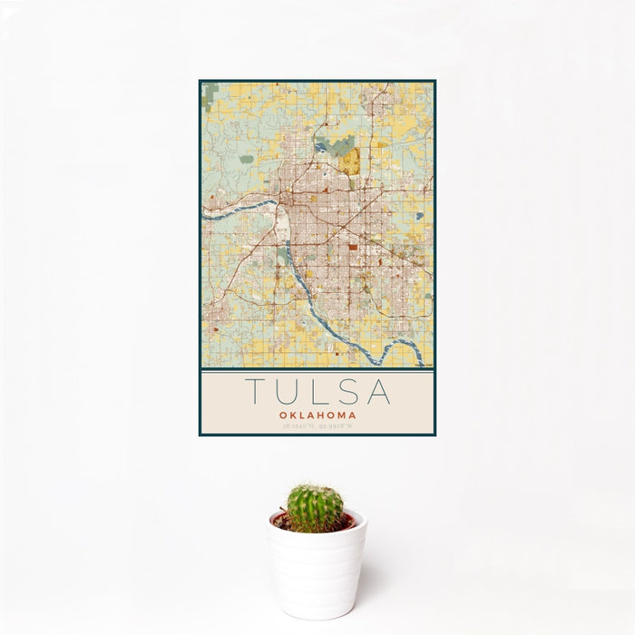 12x18 Tulsa Oklahoma Map Print Portrait Orientation in Woodblock Style With Small Cactus Plant in White Planter