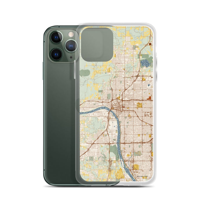 Custom Tulsa Oklahoma Map Phone Case in Woodblock on Table with Laptop and Plant