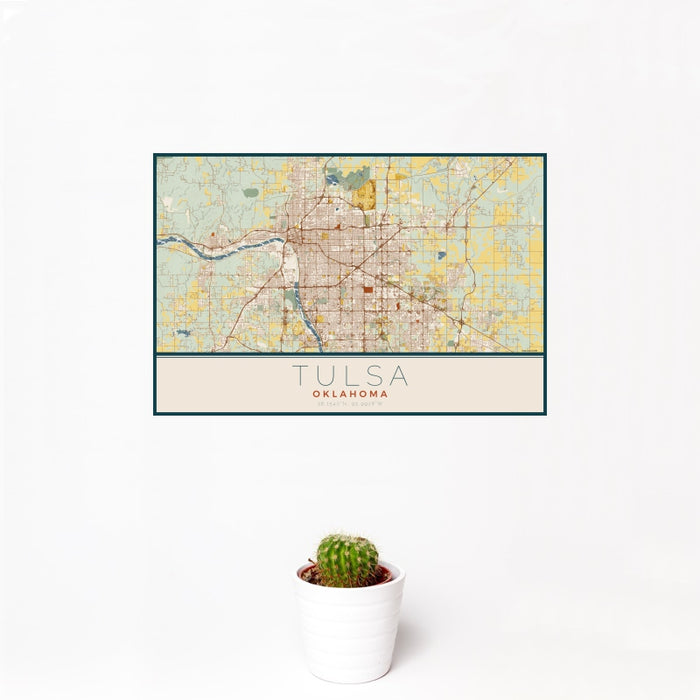 12x18 Tulsa Oklahoma Map Print Landscape Orientation in Woodblock Style With Small Cactus Plant in White Planter