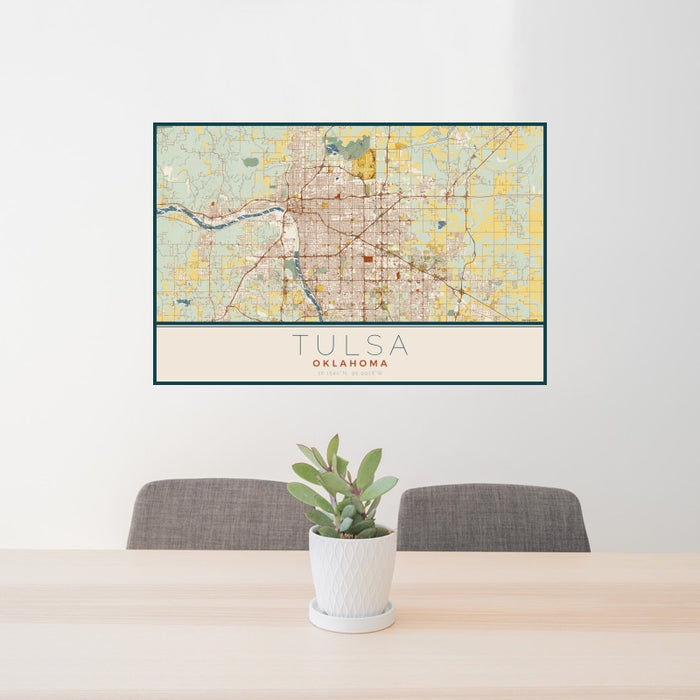 24x36 Tulsa Oklahoma Map Print Landscape Orientation in Woodblock Style Behind 2 Chairs Table and Potted Plant