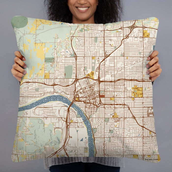 Person holding 22x22 Custom Tulsa Oklahoma Map Throw Pillow in Woodblock