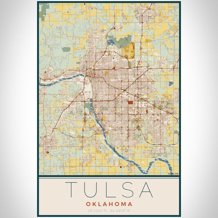 Tulsa Oklahoma Map Print Portrait Orientation in Woodblock Style With Shaded Background
