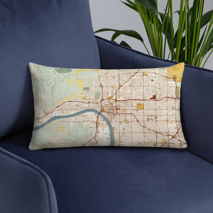 Custom Tulsa Oklahoma Map Throw Pillow in Woodblock on Blue Colored Chair