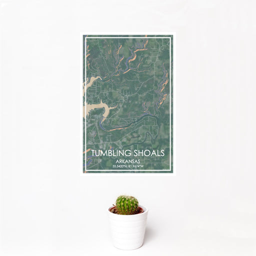 12x18 Tumbling Shoals Arkansas Map Print Portrait Orientation in Afternoon Style With Small Cactus Plant in White Planter
