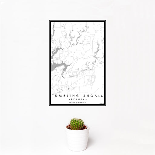 12x18 Tumbling Shoals Arkansas Map Print Portrait Orientation in Classic Style With Small Cactus Plant in White Planter