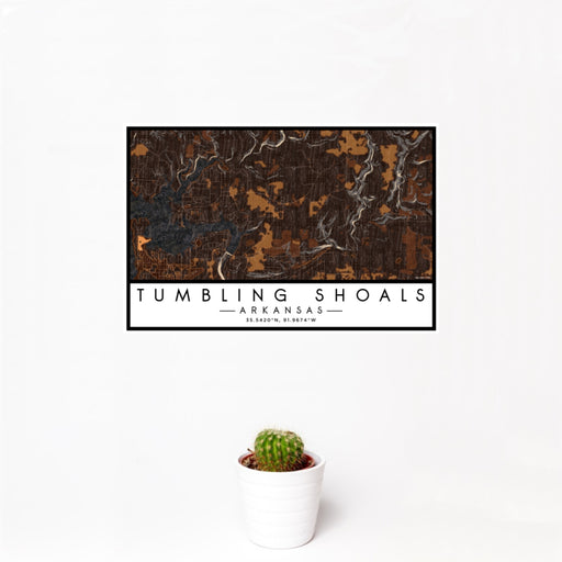 12x18 Tumbling Shoals Arkansas Map Print Landscape Orientation in Ember Style With Small Cactus Plant in White Planter