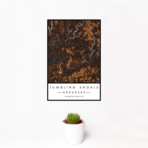 12x18 Tumbling Shoals Arkansas Map Print Portrait Orientation in Ember Style With Small Cactus Plant in White Planter