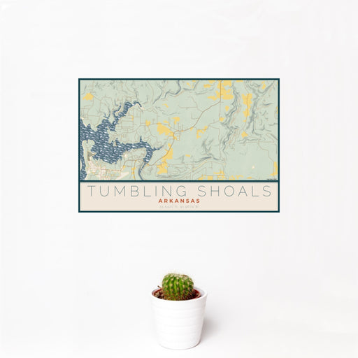 12x18 Tumbling Shoals Arkansas Map Print Landscape Orientation in Woodblock Style With Small Cactus Plant in White Planter